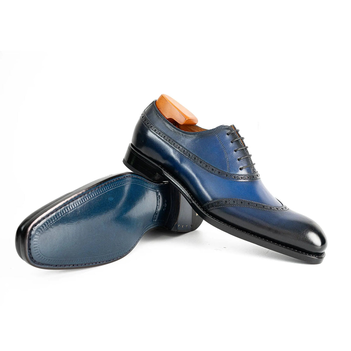 Blue Curved-Seam Oxford Shoes with Perforated Trim