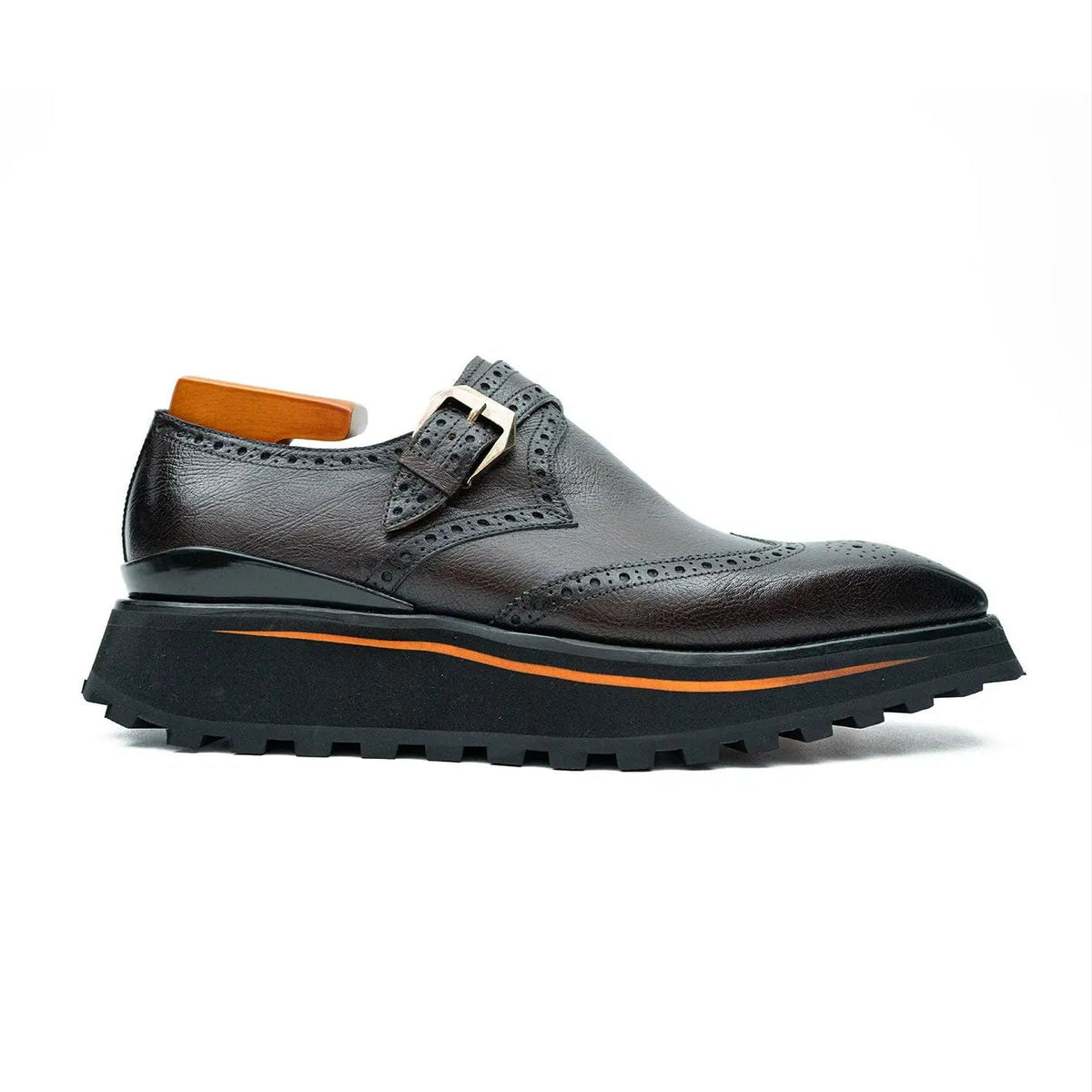 Dark Brown-Black Textured Wingtip Monk Shoe