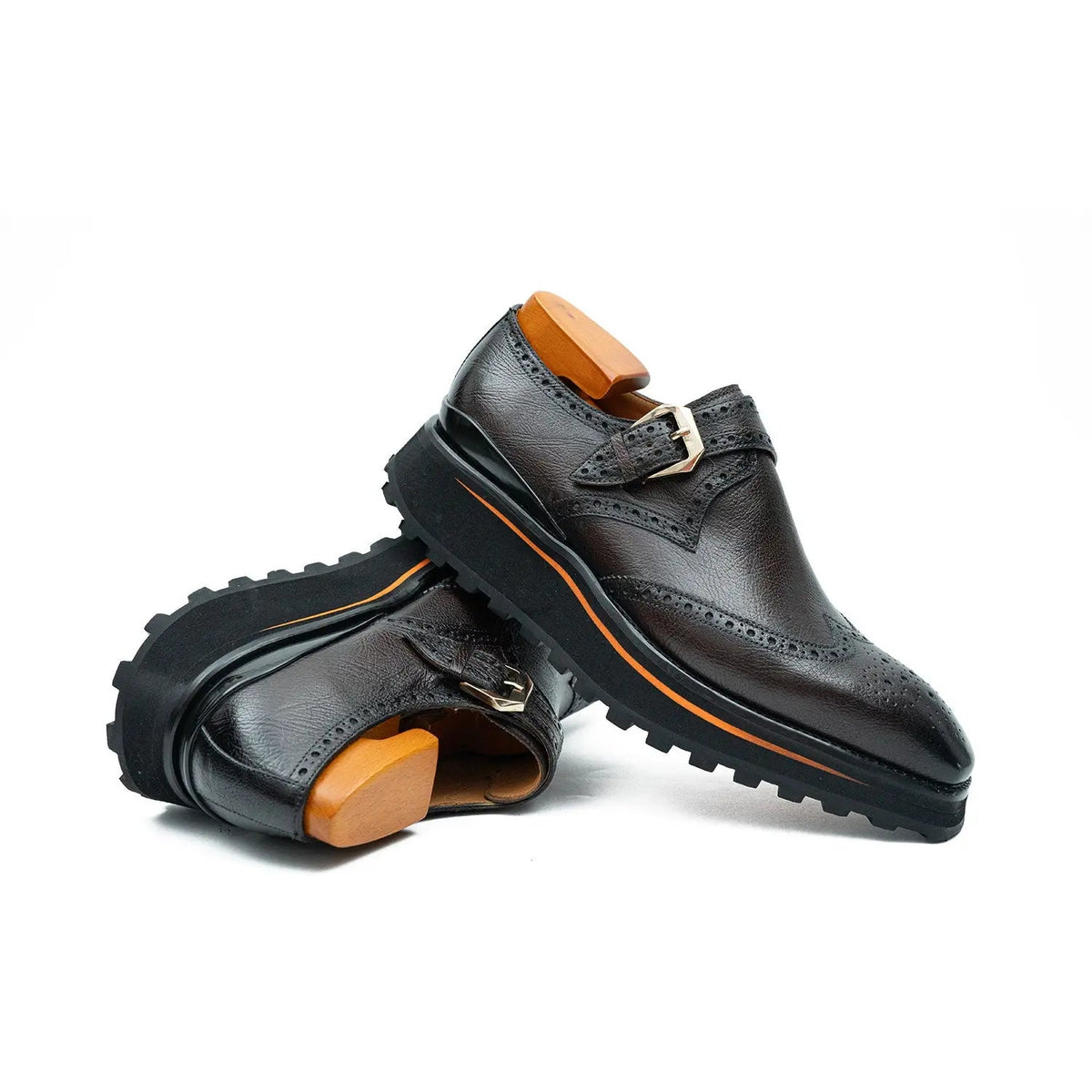 Dark Brown-Black Textured Wingtip Monk Shoe