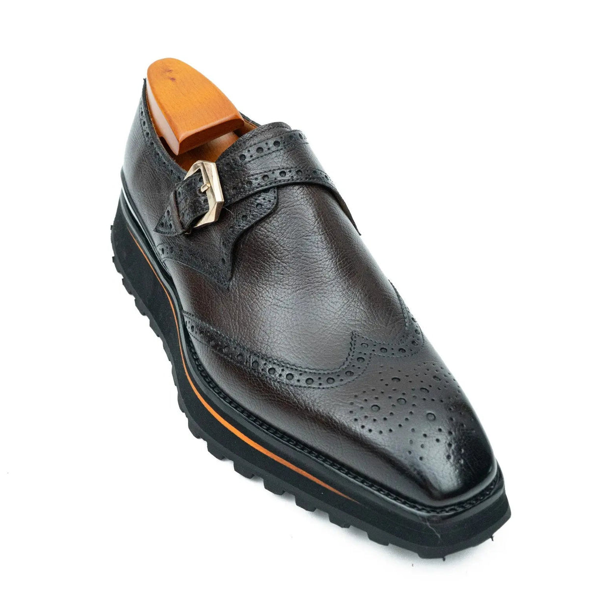 Dark Brown-Black Textured Wingtip Monk Shoe