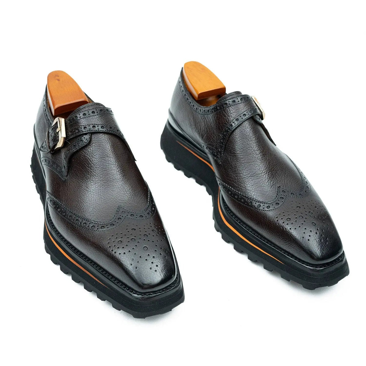 Dark Brown-Black Textured Wingtip Monk Shoe