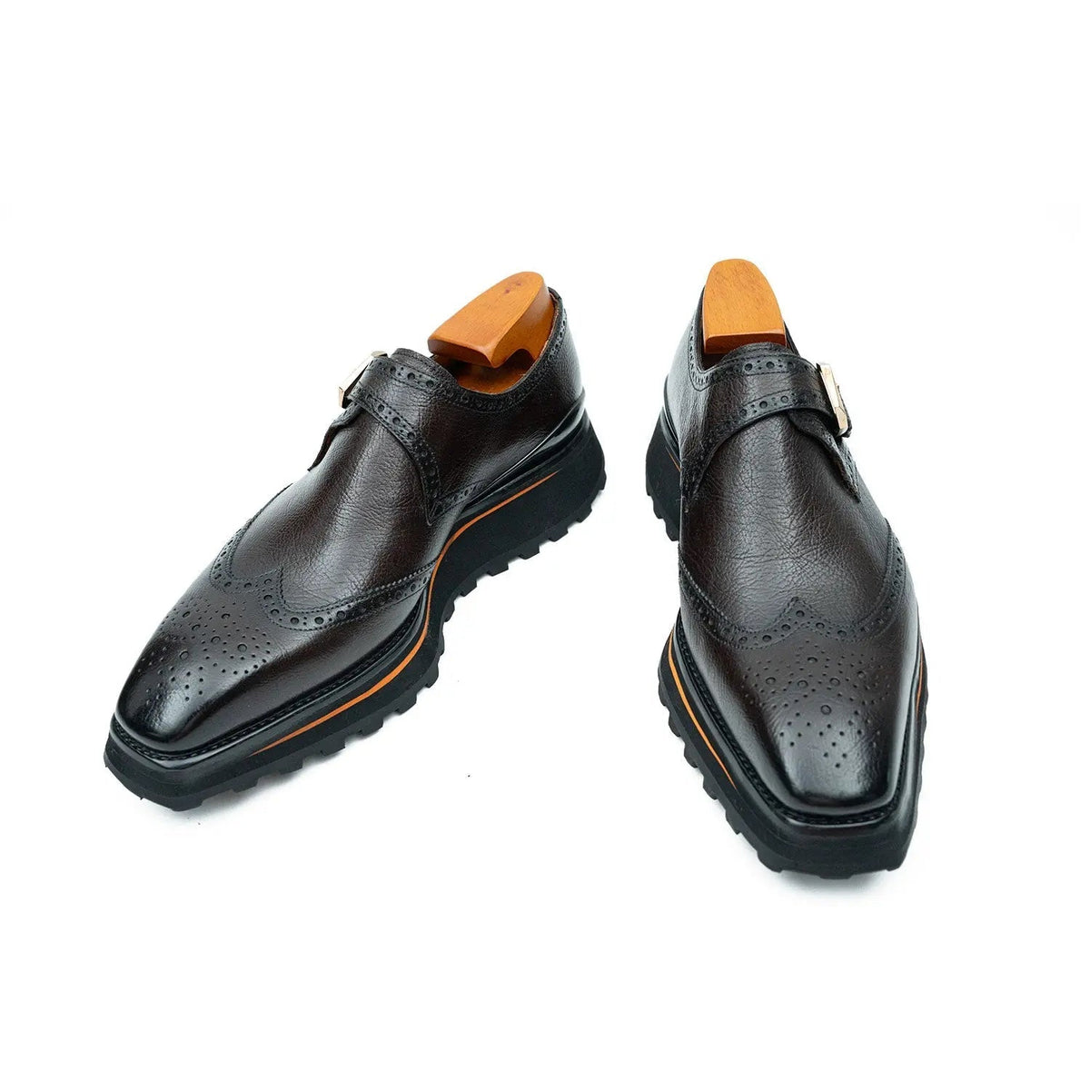 Dark Brown-Black Textured Wingtip Monk Shoe