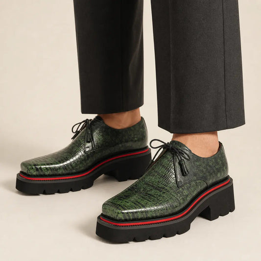Green and Black Textured Lug Sole Derby Shoe