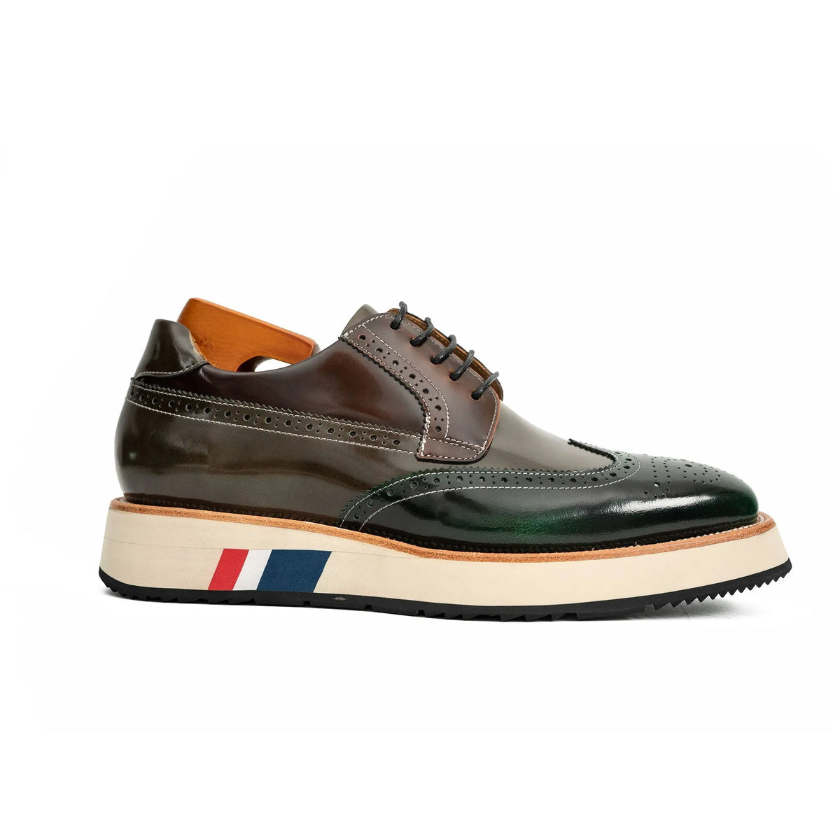 Green and Brown Glossy Wingtip Derby Shoe