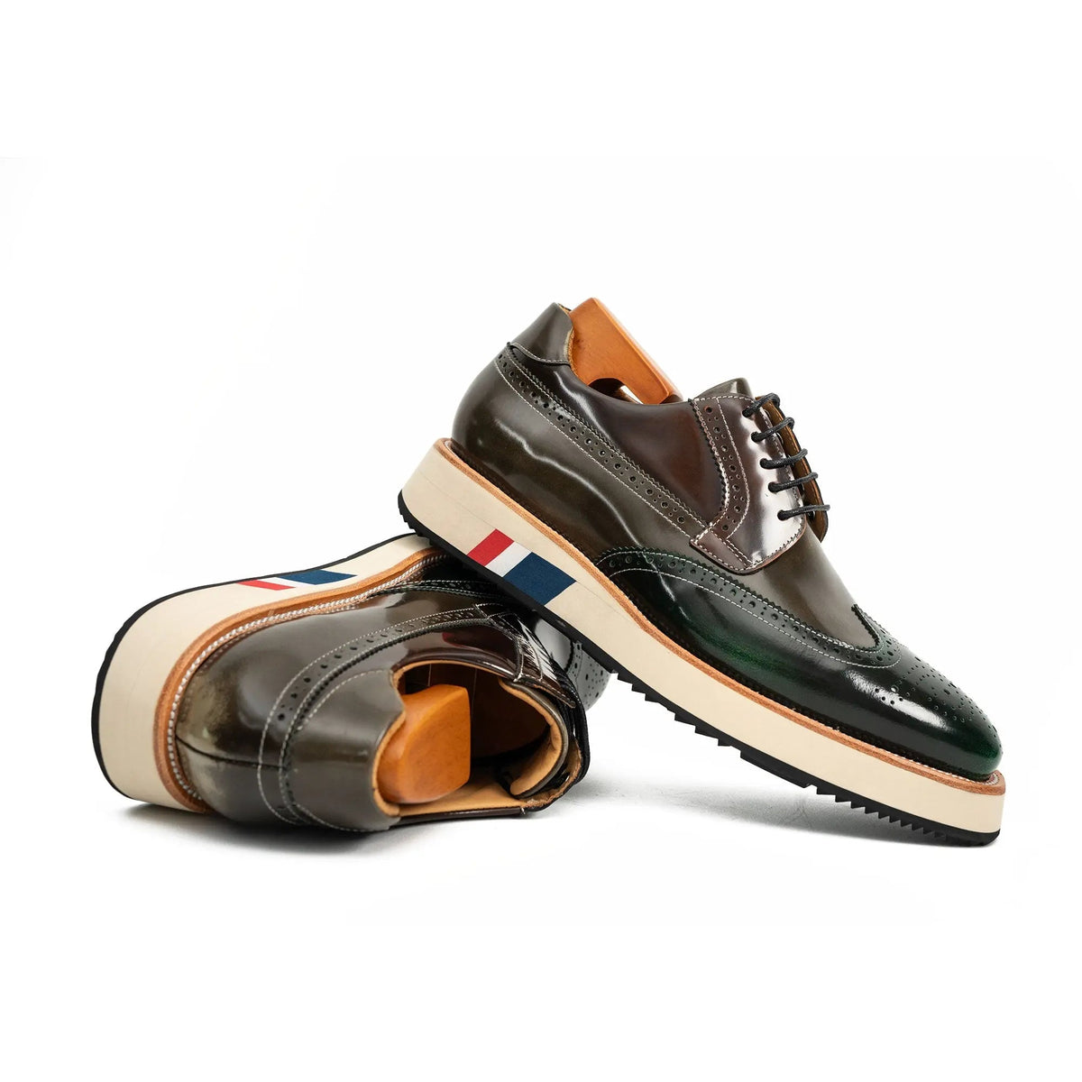 Green and Brown Glossy Wingtip Derby Shoe