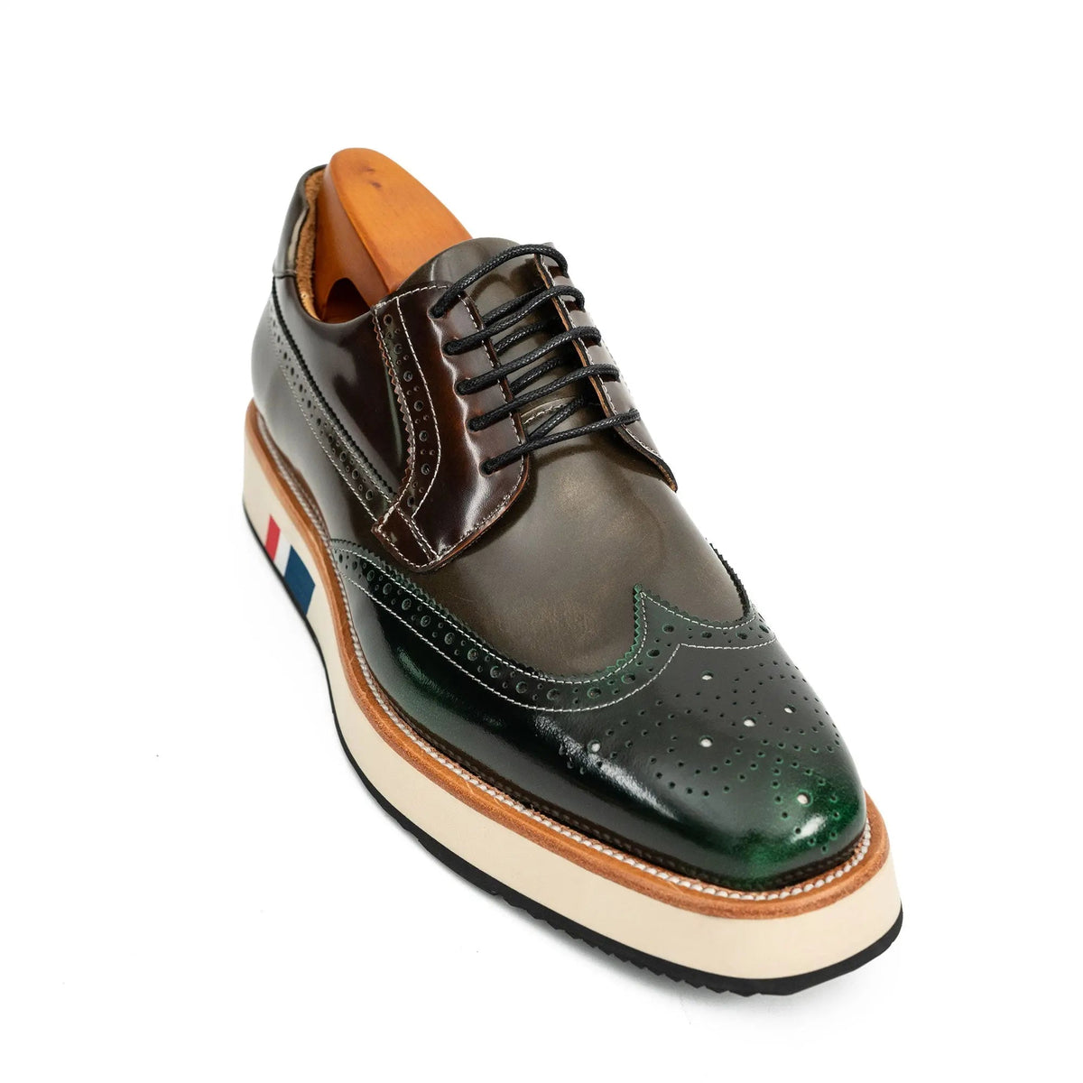 Green and Brown Glossy Wingtip Derby Shoe