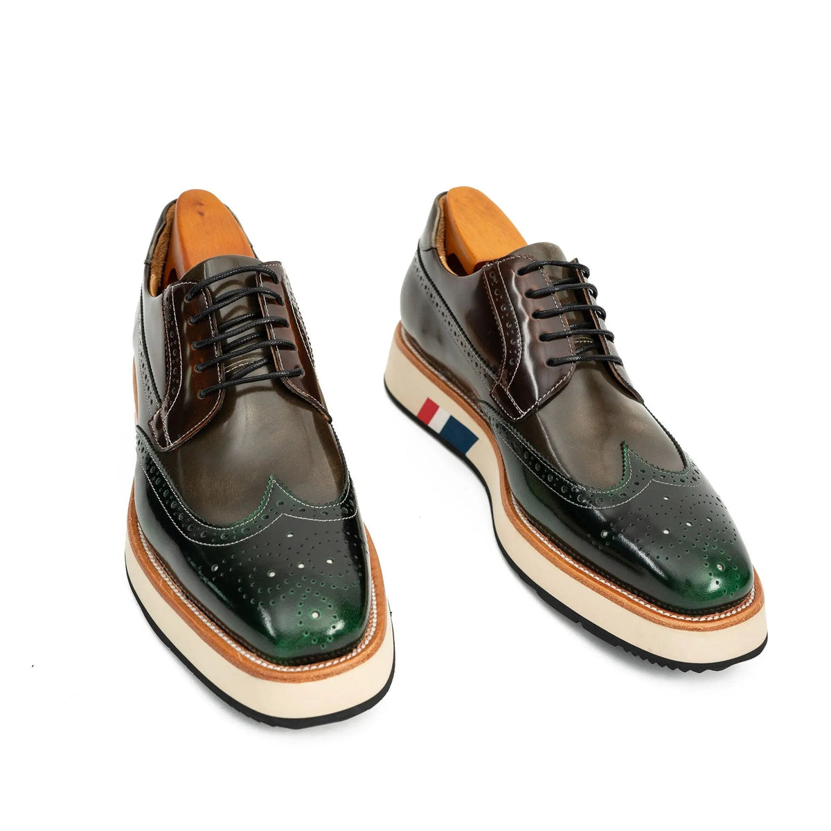 Green and Brown Glossy Wingtip Derby Shoe