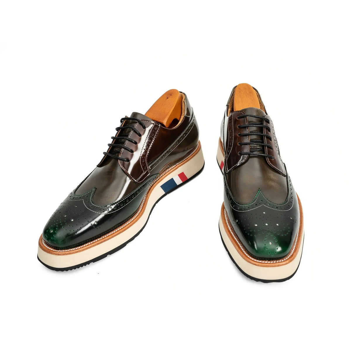 Green and Brown Glossy Wingtip Derby Shoe