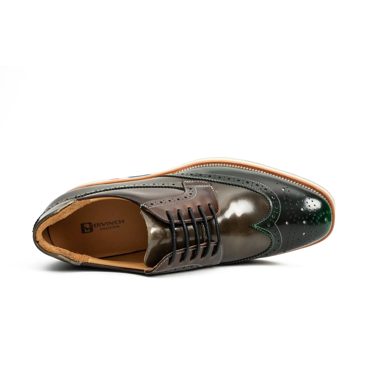 Green and Brown Glossy Wingtip Derby Shoe