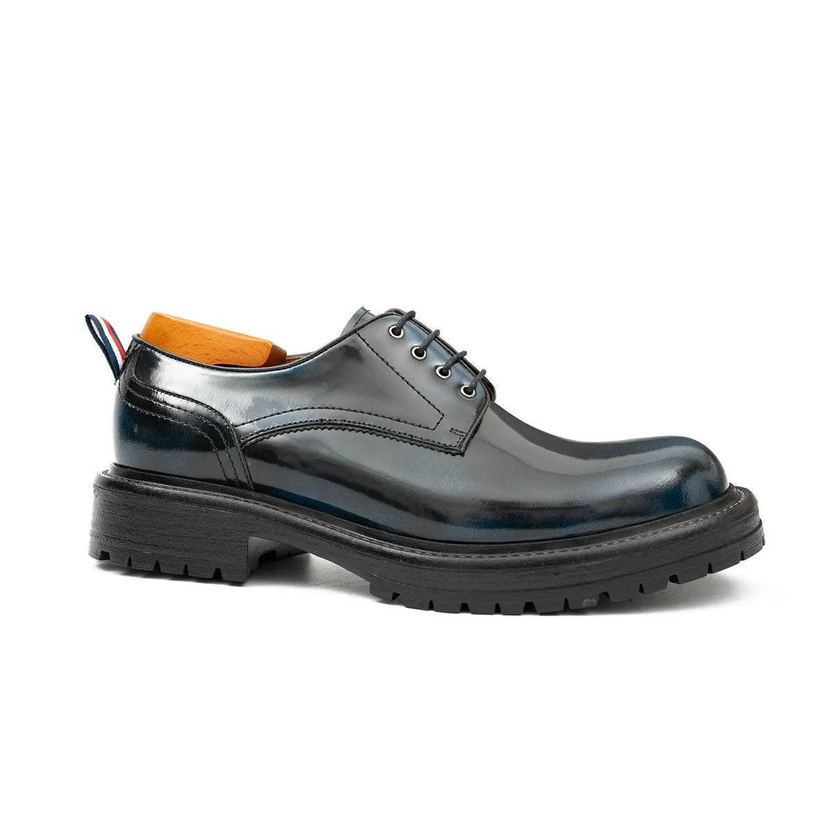 Dark Blue Plain-Toe Derby Shoes with Pull Tab