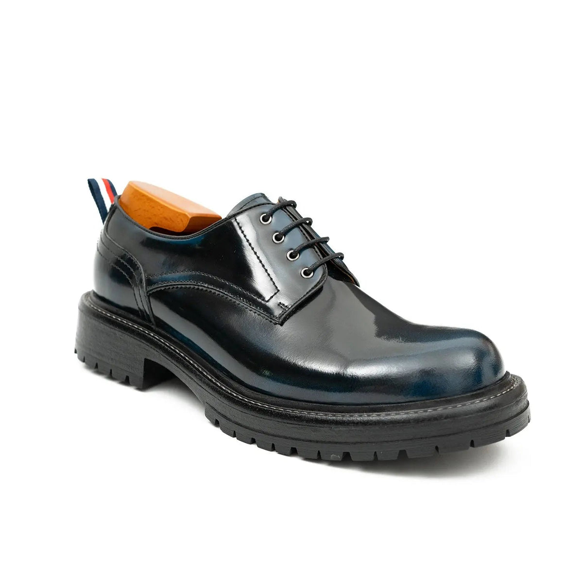 Dark Blue Plain-Toe Derby Shoes with Pull Tab