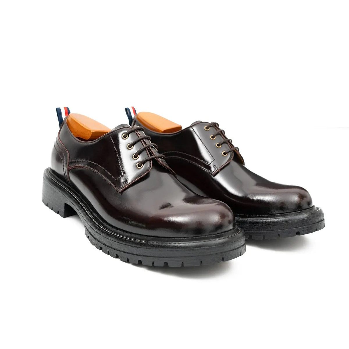 Very Dark Reddish Brown Plain-Toe Derby Shoes with Pull Tab