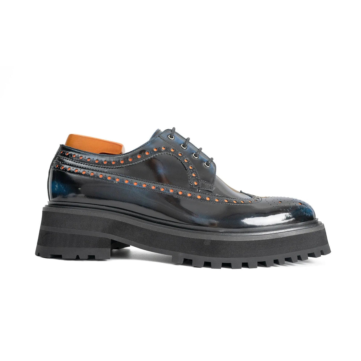 Dark Blue-Black Glossy Lug Sole Wingtip Derby Shoe