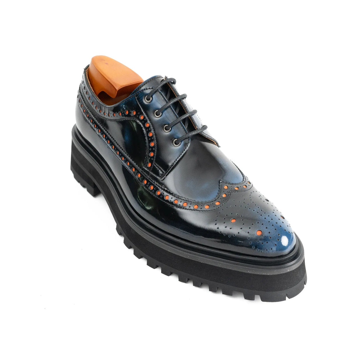 Dark Blue-Black Glossy Lug Sole Wingtip Derby Shoe