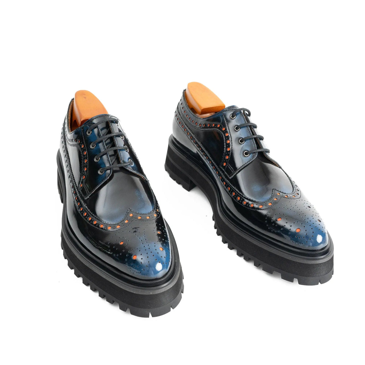 Dark Blue-Black Glossy Lug Sole Wingtip Derby Shoe