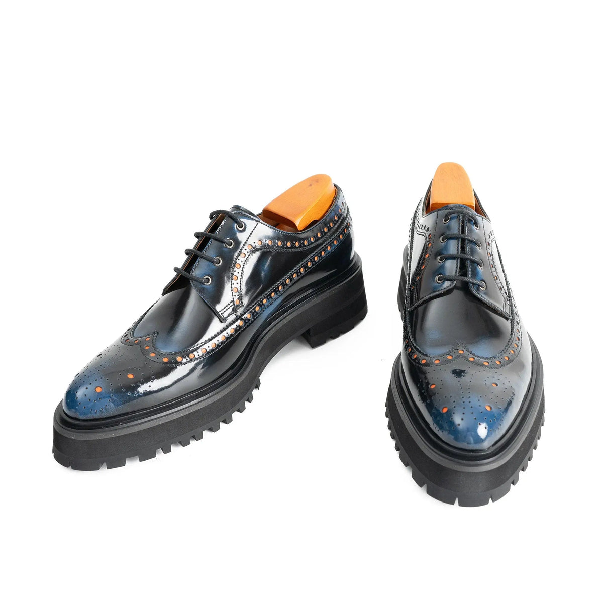 Dark Blue-Black Glossy Lug Sole Wingtip Derby Shoe