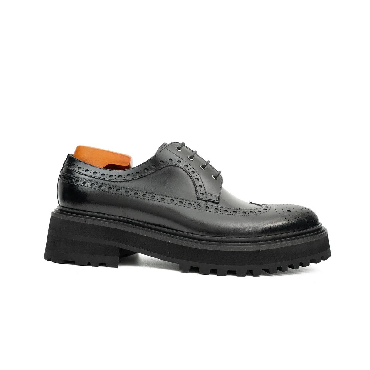 Black Glossy Lug Sole Wingtip Derby Shoe