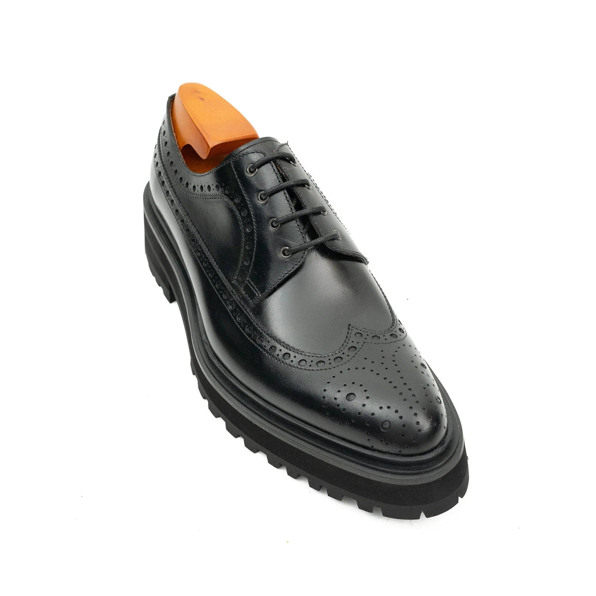 Black Glossy Lug Sole Wingtip Derby Shoe