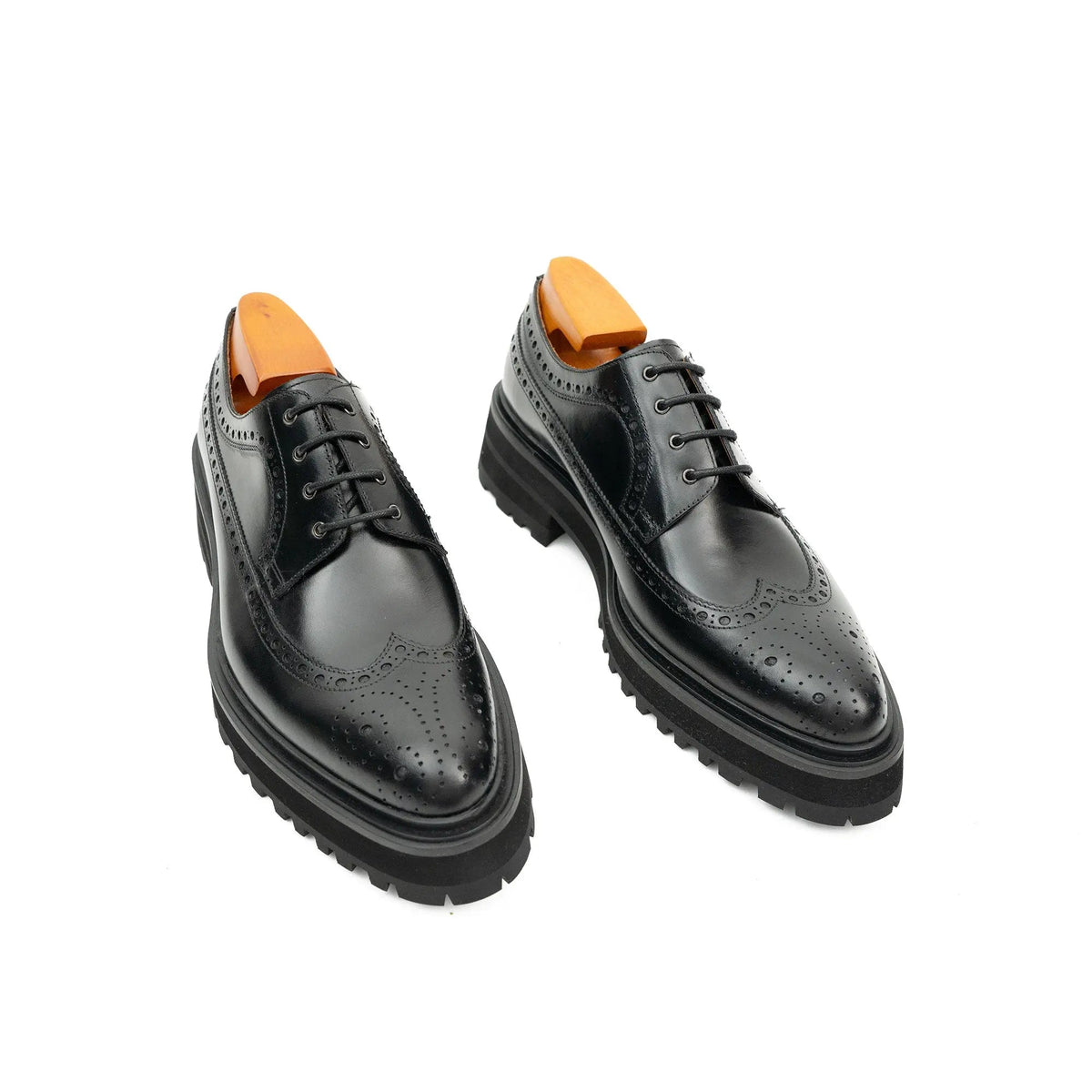 Black Glossy Lug Sole Wingtip Derby Shoe