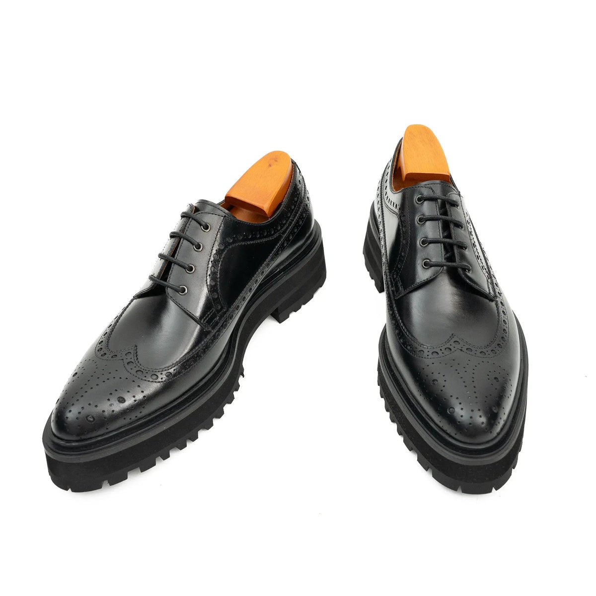Black Glossy Lug Sole Wingtip Derby Shoe