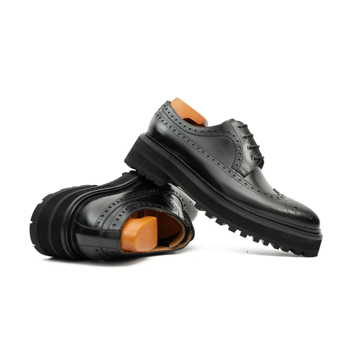 Black Glossy Lug Sole Wingtip Derby Shoe