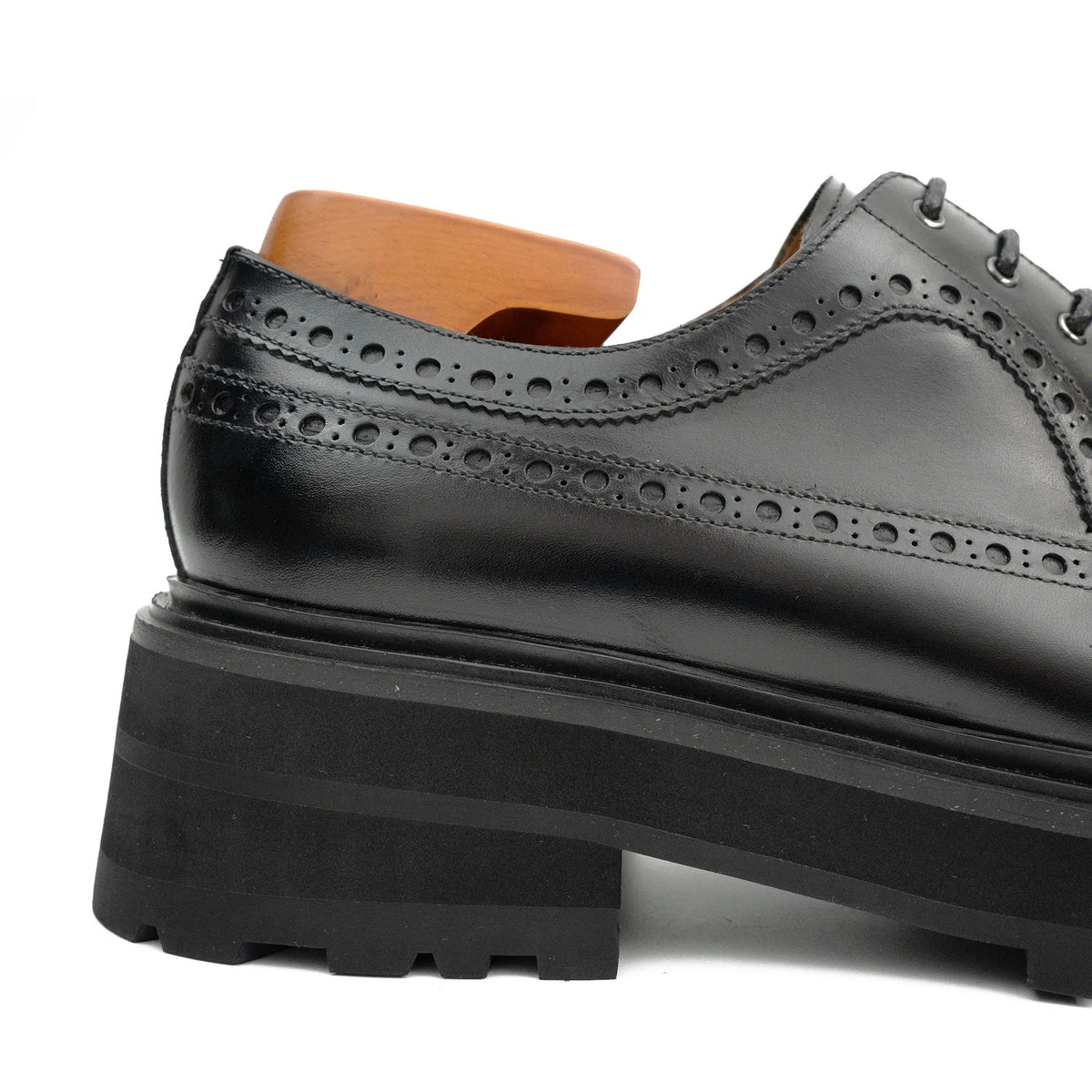 Black Glossy Lug Sole Wingtip Derby Shoe