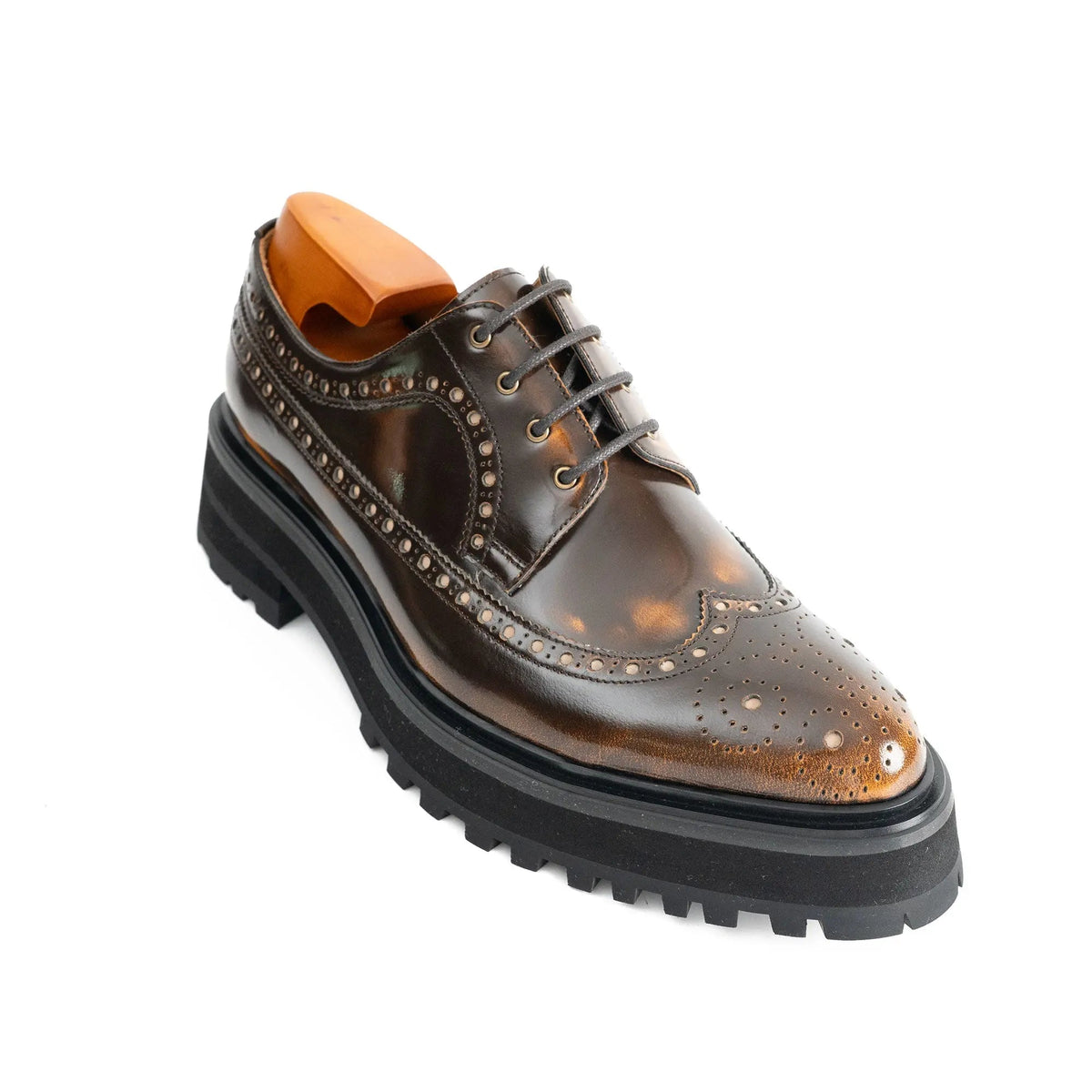 Brown Glossy Lug Sole Wingtip Derby Shoe