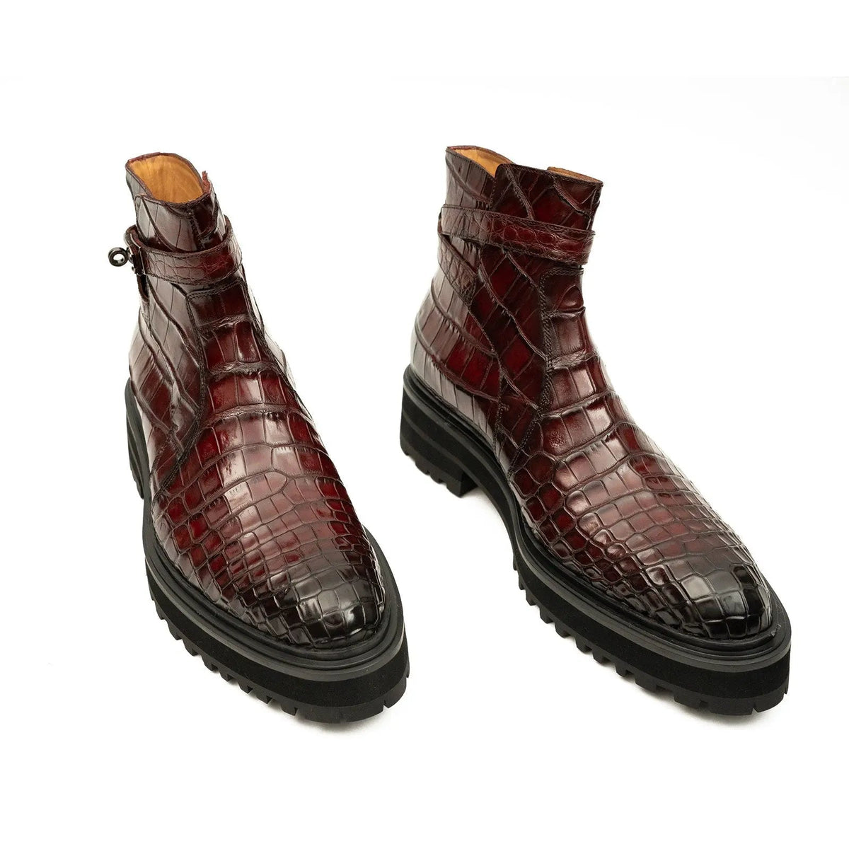 Burgundy Textured Ankle Boot with Buckle Strap
