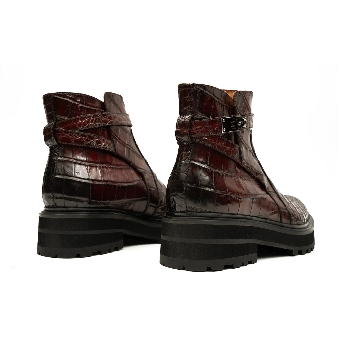 Burgundy Textured Ankle Boot with Buckle Strap