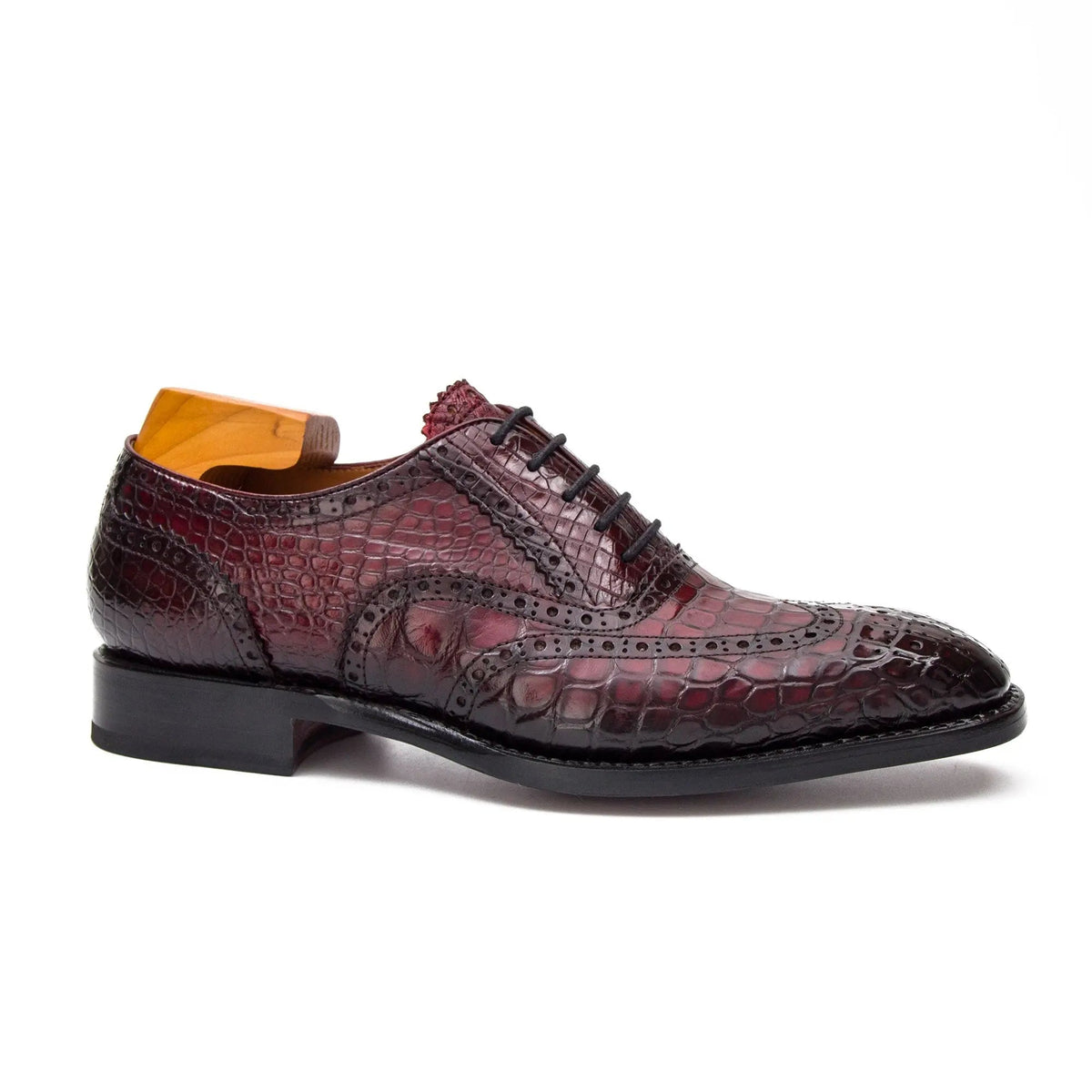 Burgundy Wingtip Oxford Shoes with Scale-Pattern Texture