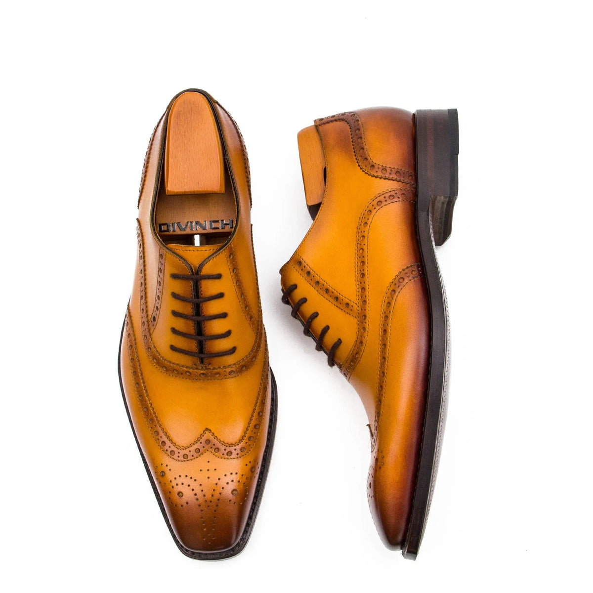 Golden-Tan Square-Wingtip Oxford Shoes with Medallion