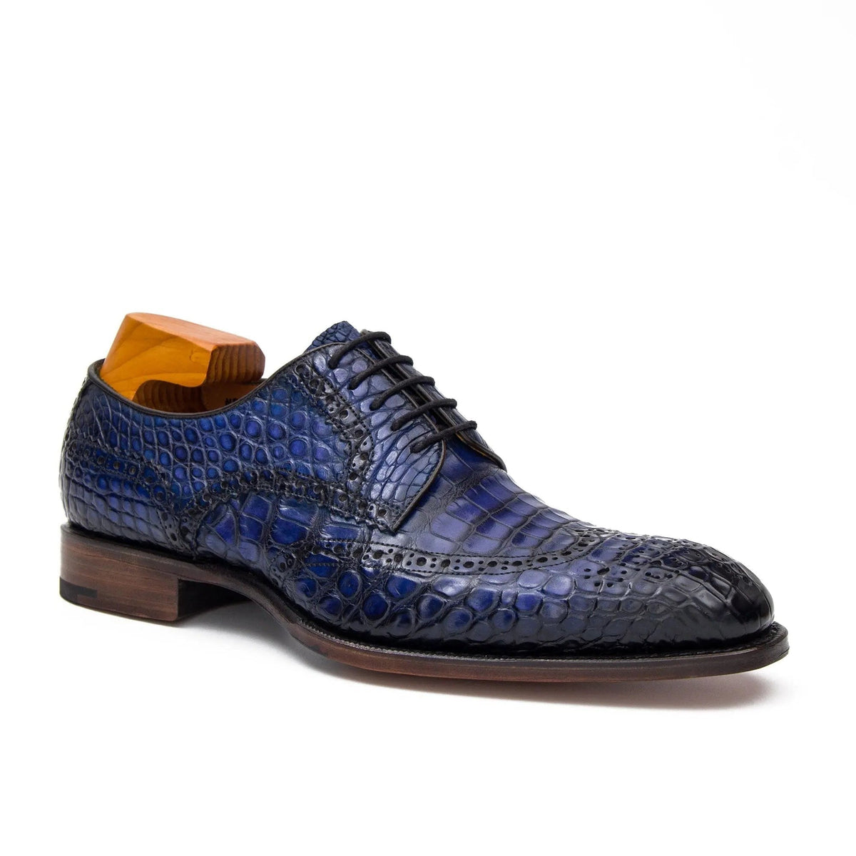 Blue Cap-Toe Derby Shoes with Perforated Detail