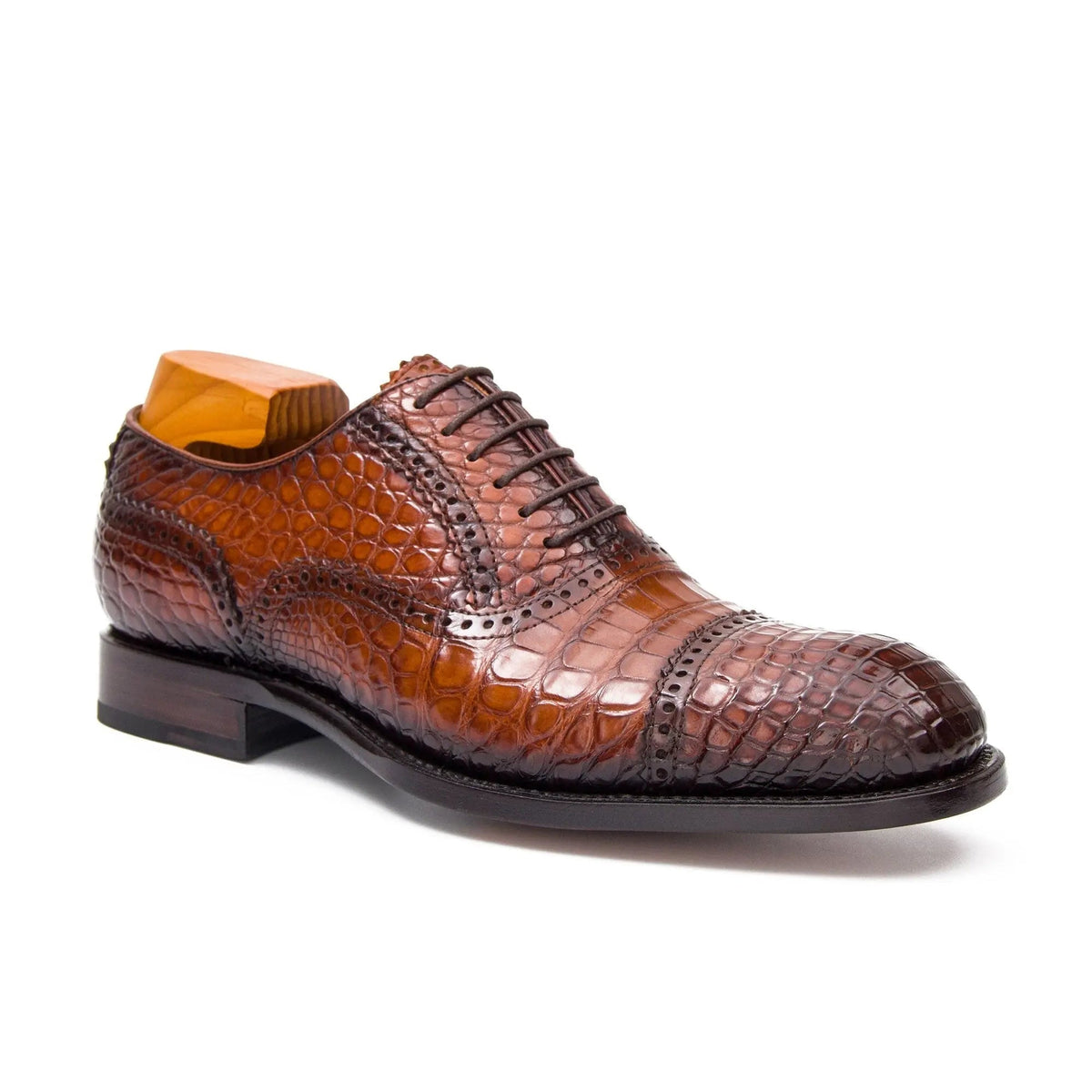 Reddish Brown Cap-Toe Oxford Shoes with Perforated Detail