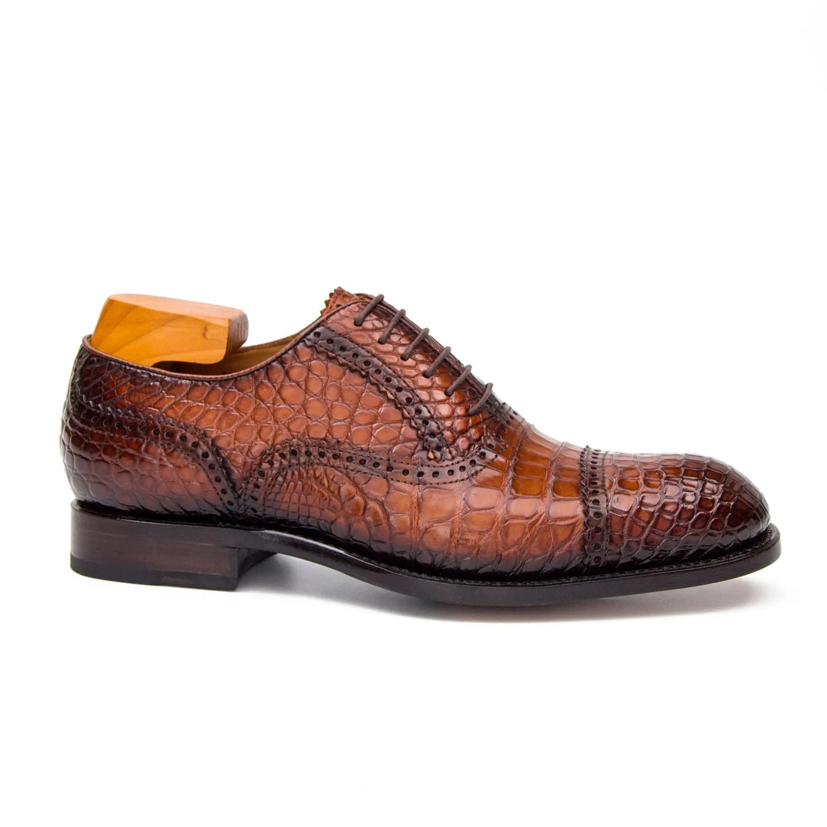 Reddish Brown Cap-Toe Oxford Shoes with Perforated Detail