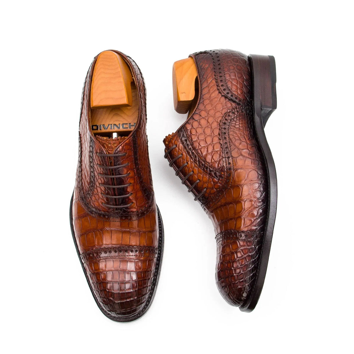 Reddish Brown Cap-Toe Oxford Shoes with Perforated Detail