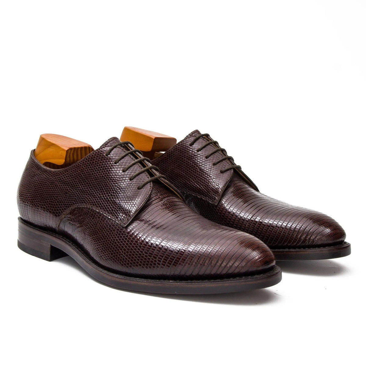 Brown Plain-Toe Derby Shoes with Fine Scale Texture