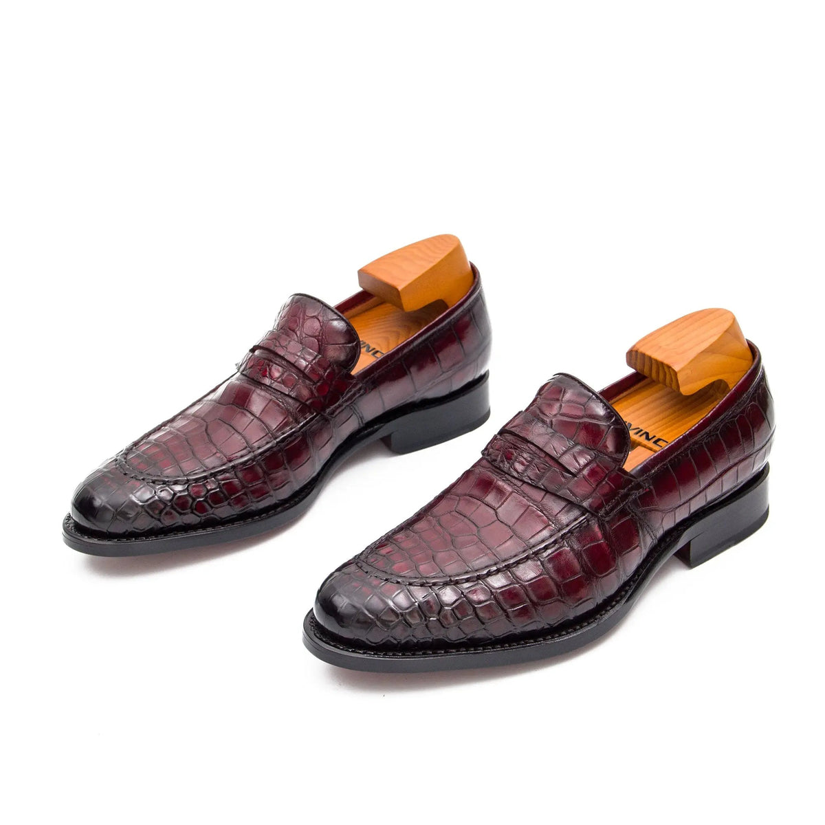 Burgundy Apron-Toe Penny Loafers with Scale-Pattern Texture