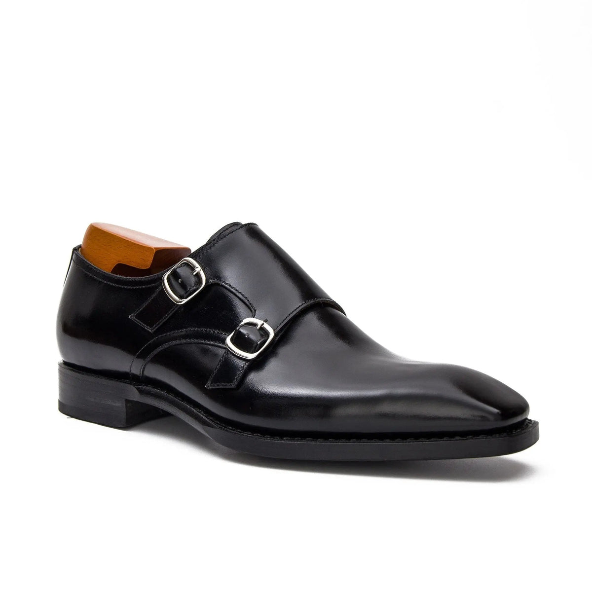 Black Square-Toe Double Monk Strap Shoes with Glossy Finish
