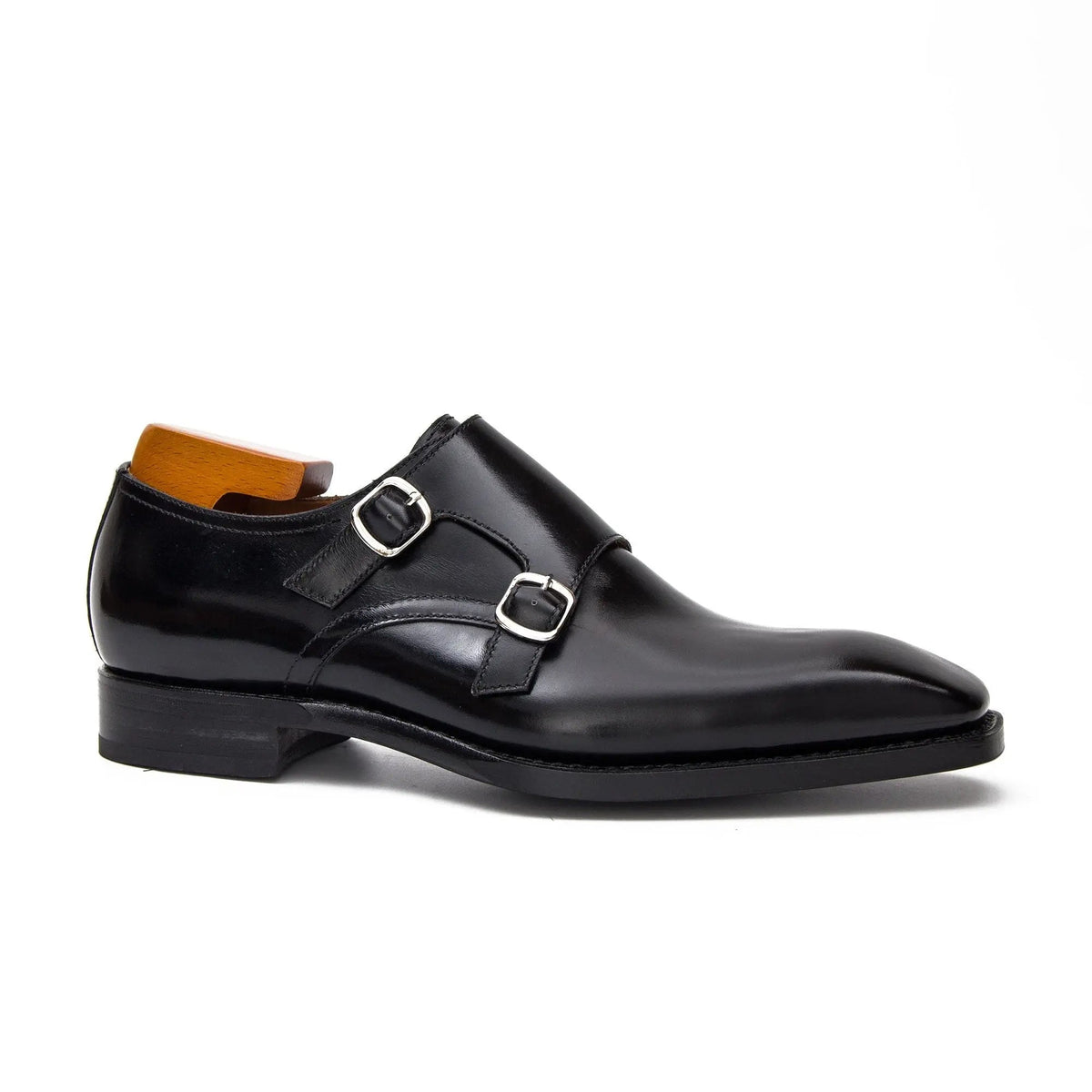 Black Square-Toe Double Monk Strap Shoes with Glossy Finish