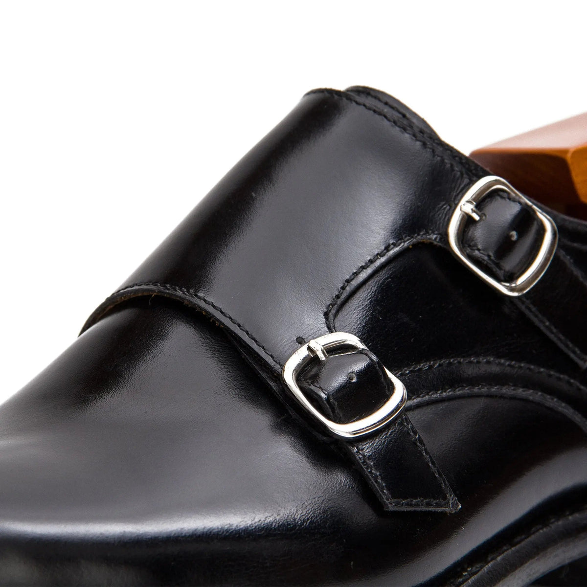 Black Square-Toe Double Monk Strap Shoes with Glossy Finish