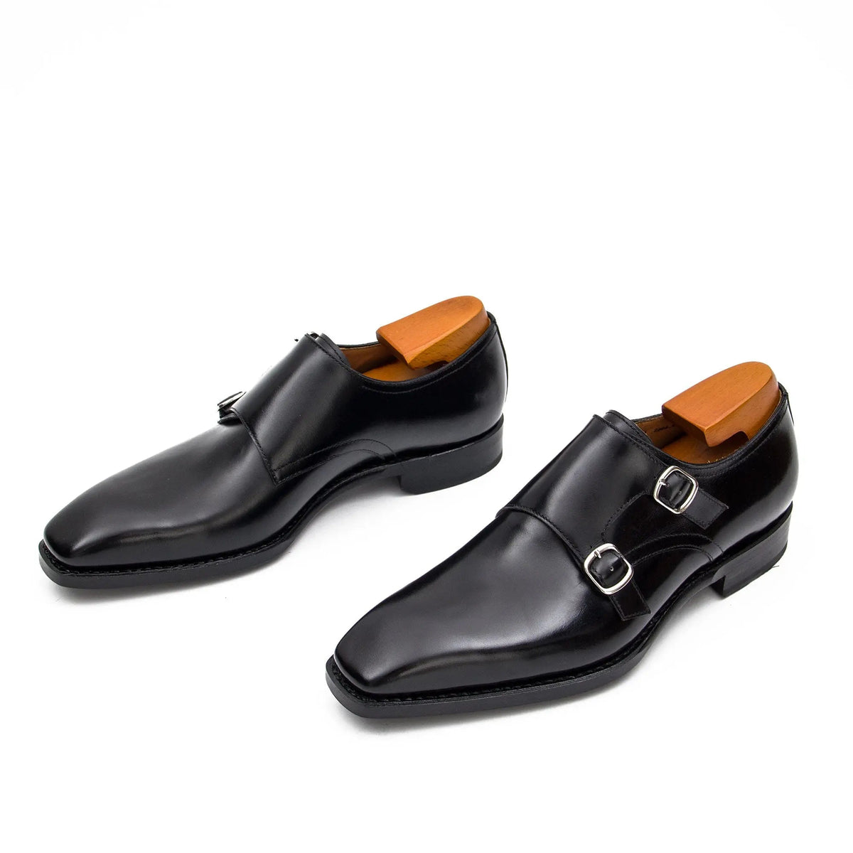 Black Square-Toe Double Monk Strap Shoes with Glossy Finish
