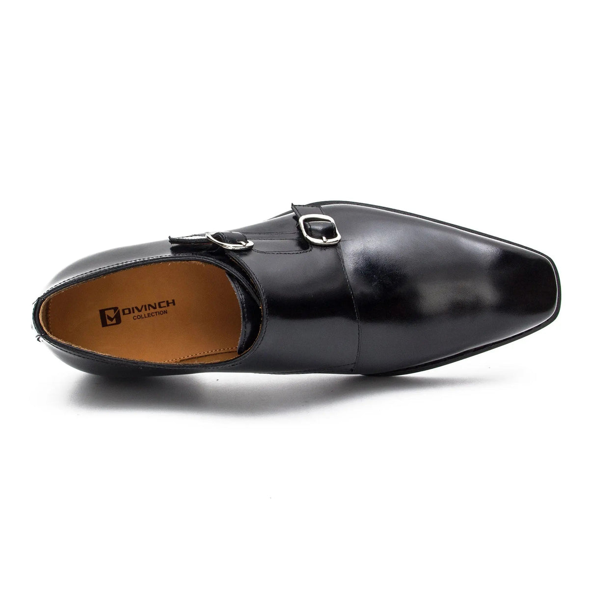 Black Square-Toe Double Monk Strap Shoes with Glossy Finish