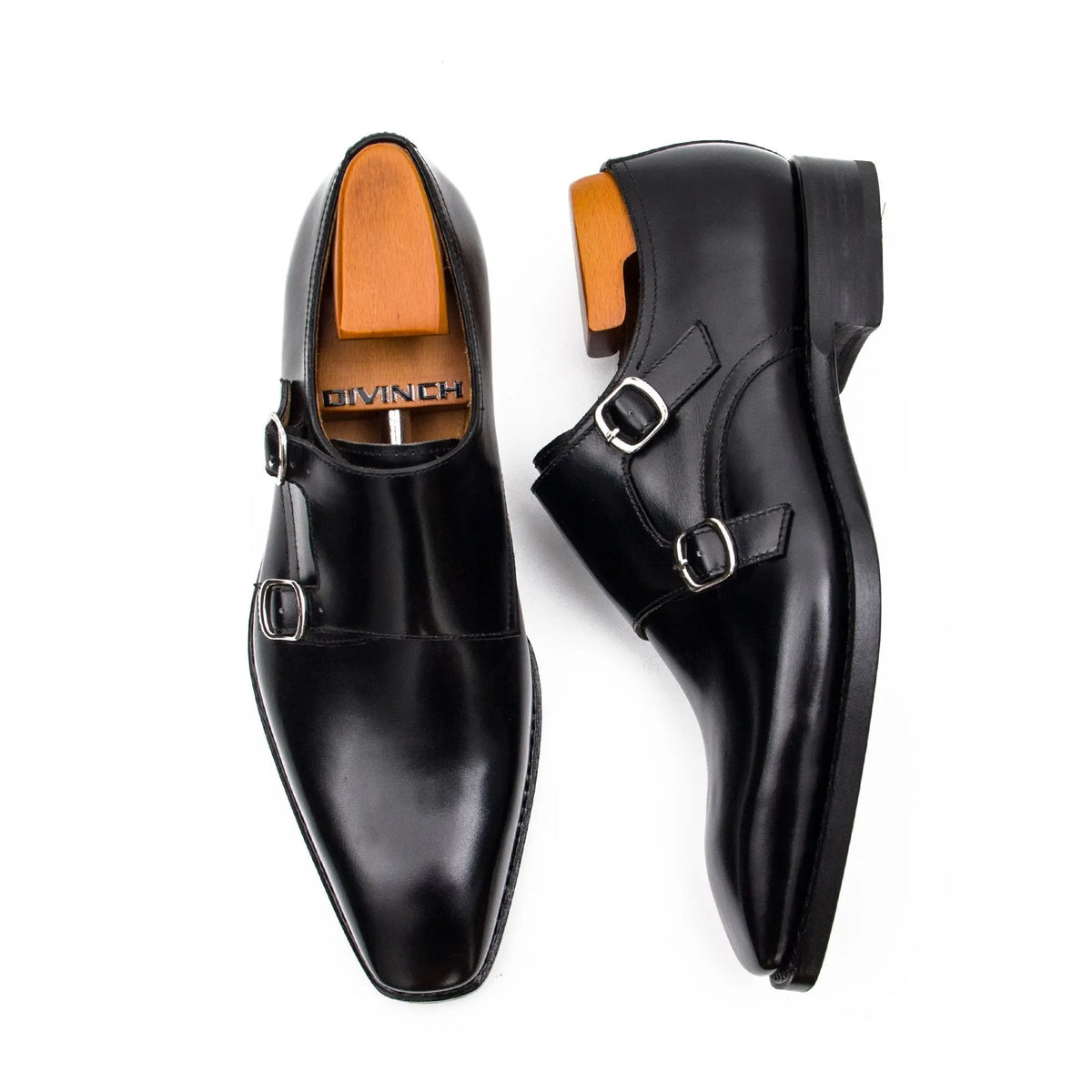 Black Square-Toe Double Monk Strap Shoes with Glossy Finish