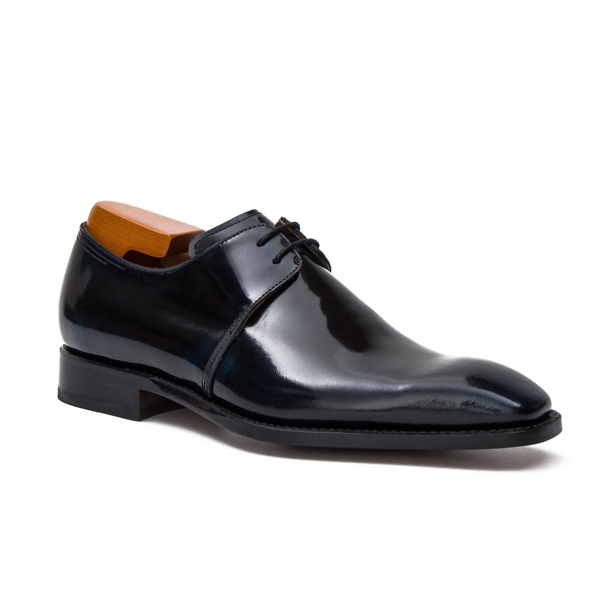 Very Dark Blue-Black Plain-Toe Derby Shoes with Glossy Finish