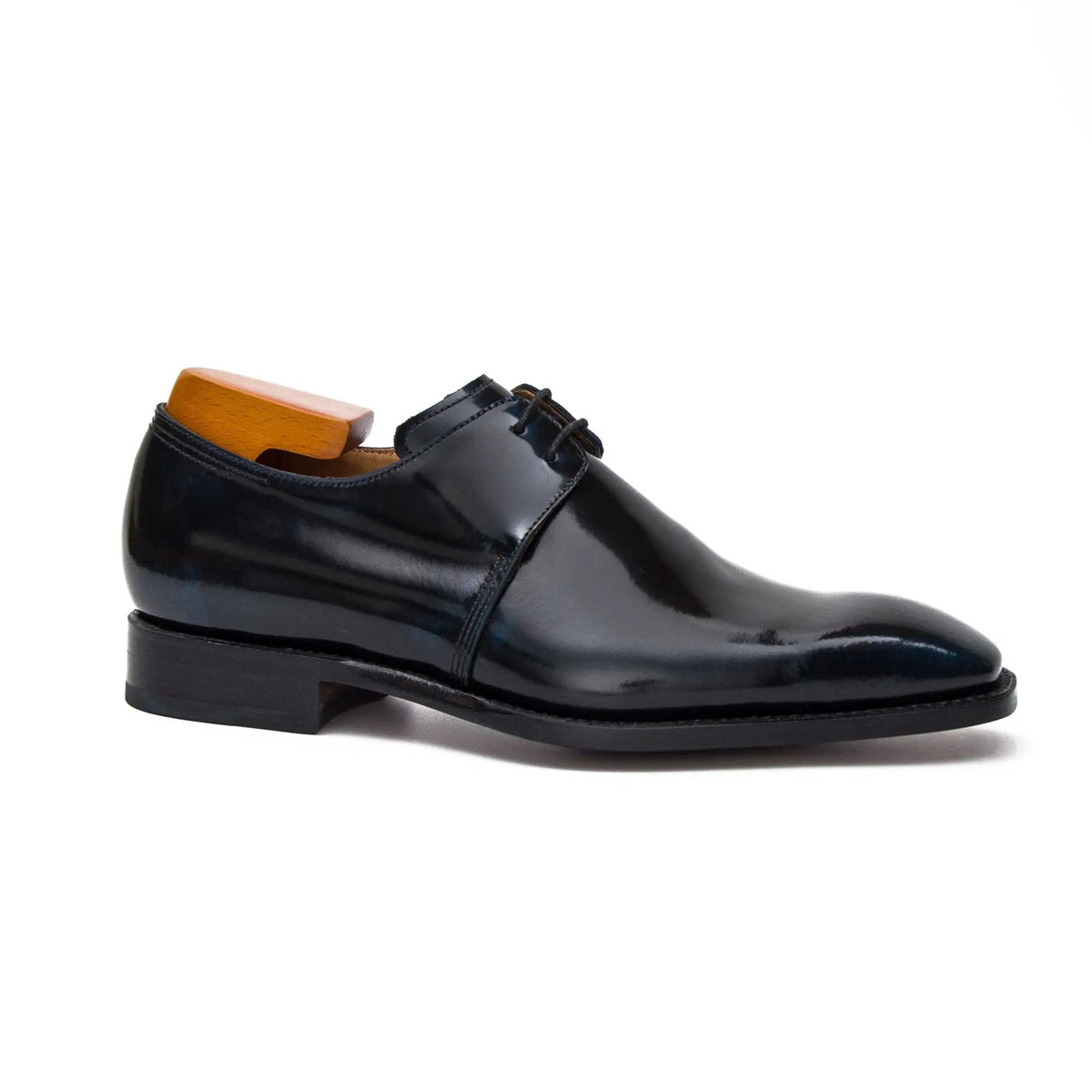 Very Dark Blue-Black Plain-Toe Derby Shoes with Glossy Finish