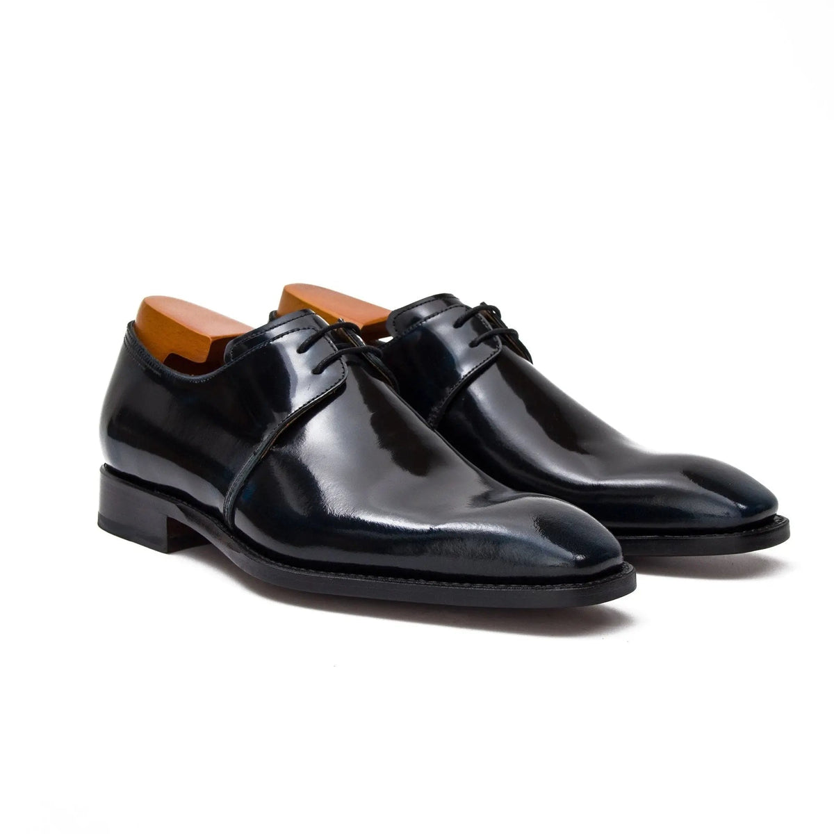 Very Dark Blue-Black Plain-Toe Derby Shoes with Glossy Finish
