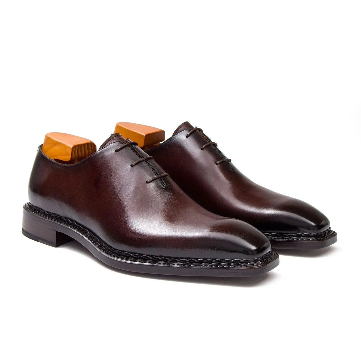 Deep Reddish Brown Square-Toe Oxford Shoes with Glossy Finish
