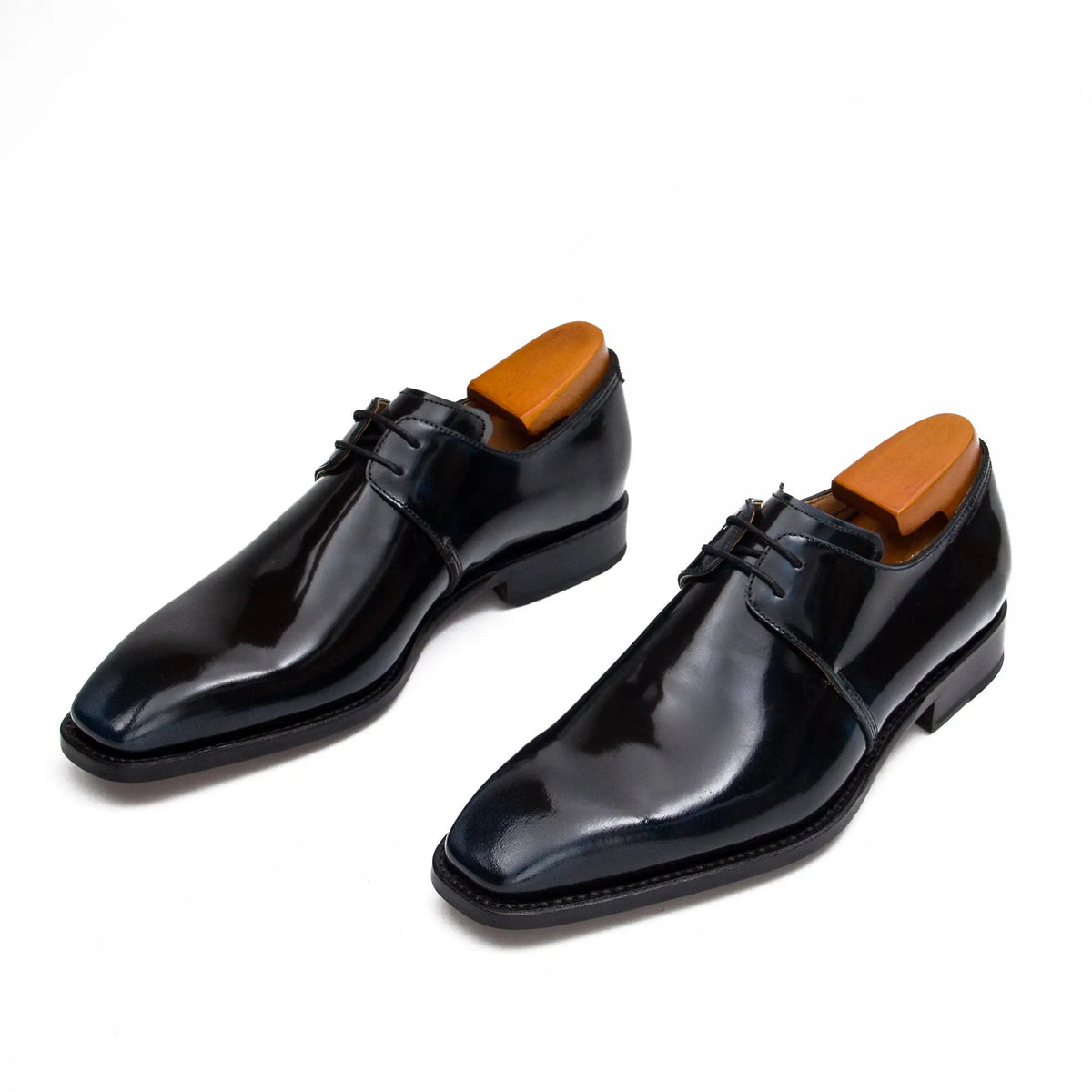 Very Dark Blue-Black Plain-Toe Derby Shoes with Glossy Finish