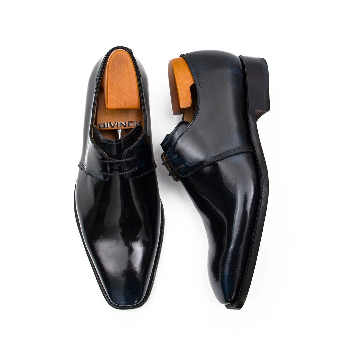 Very Dark Blue-Black Plain-Toe Derby Shoes with Glossy Finish