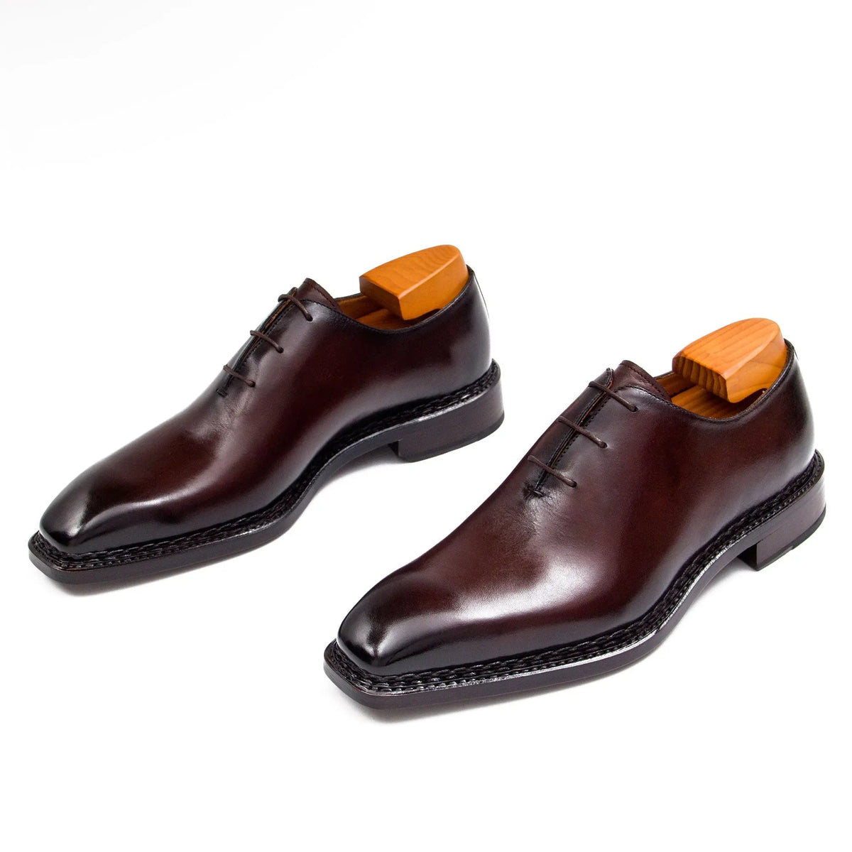 Deep Reddish Brown Square-Toe Oxford Shoes with Glossy Finish